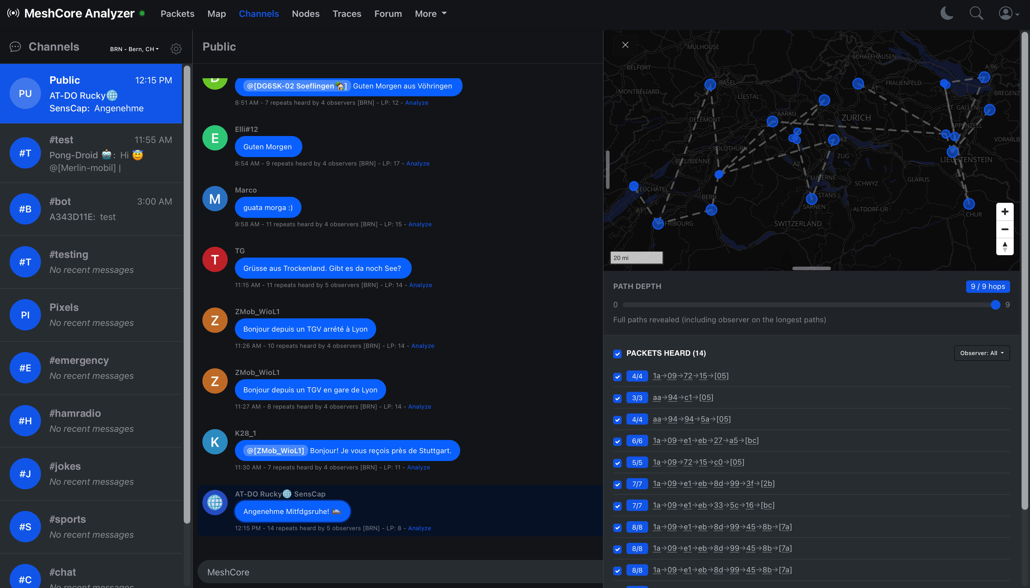 letsmesh public channel view with reported MeshCore routes drawn on a map of Switzerland