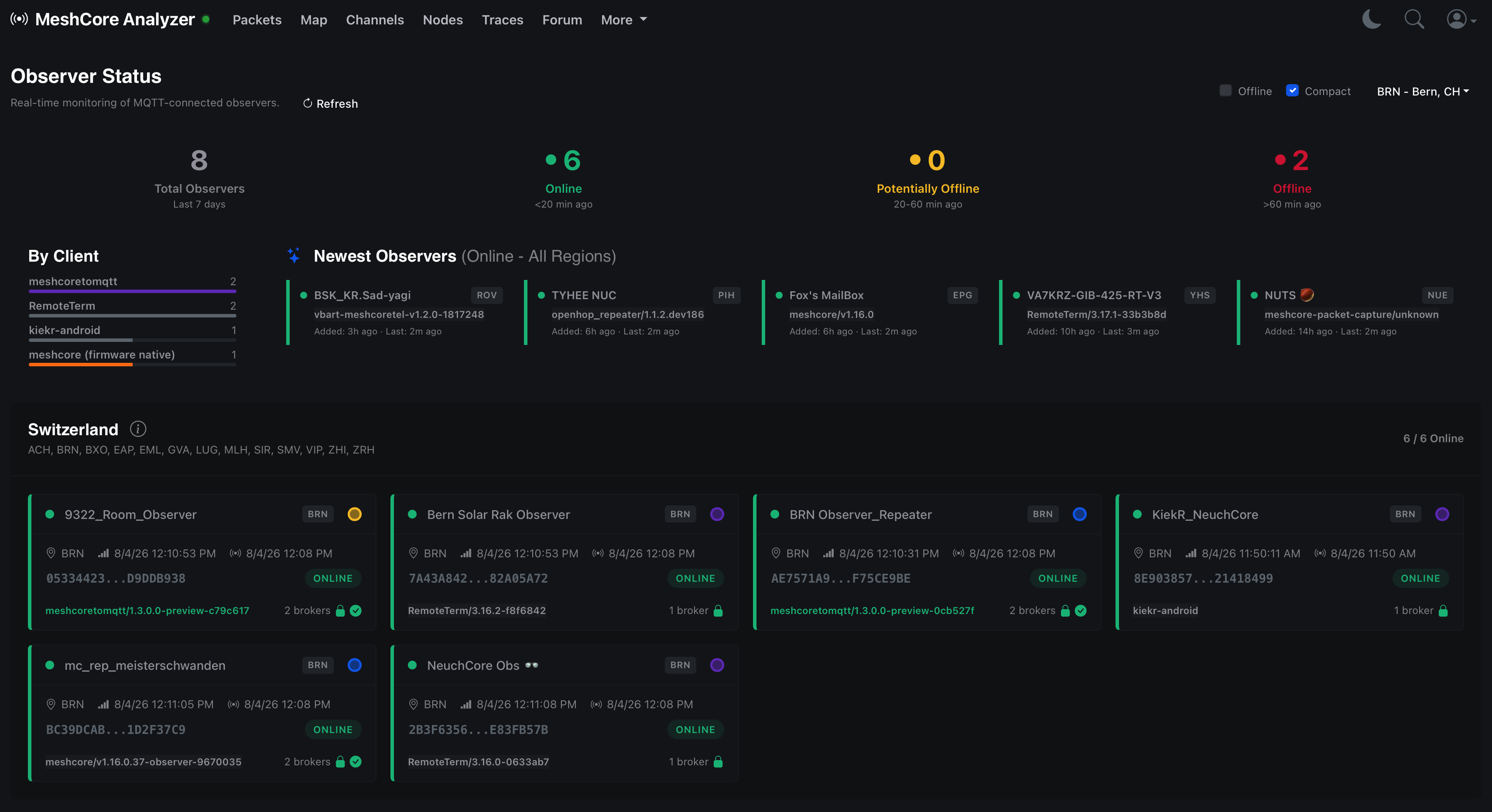 letsmesh observer status page showing online observers in the Bern region