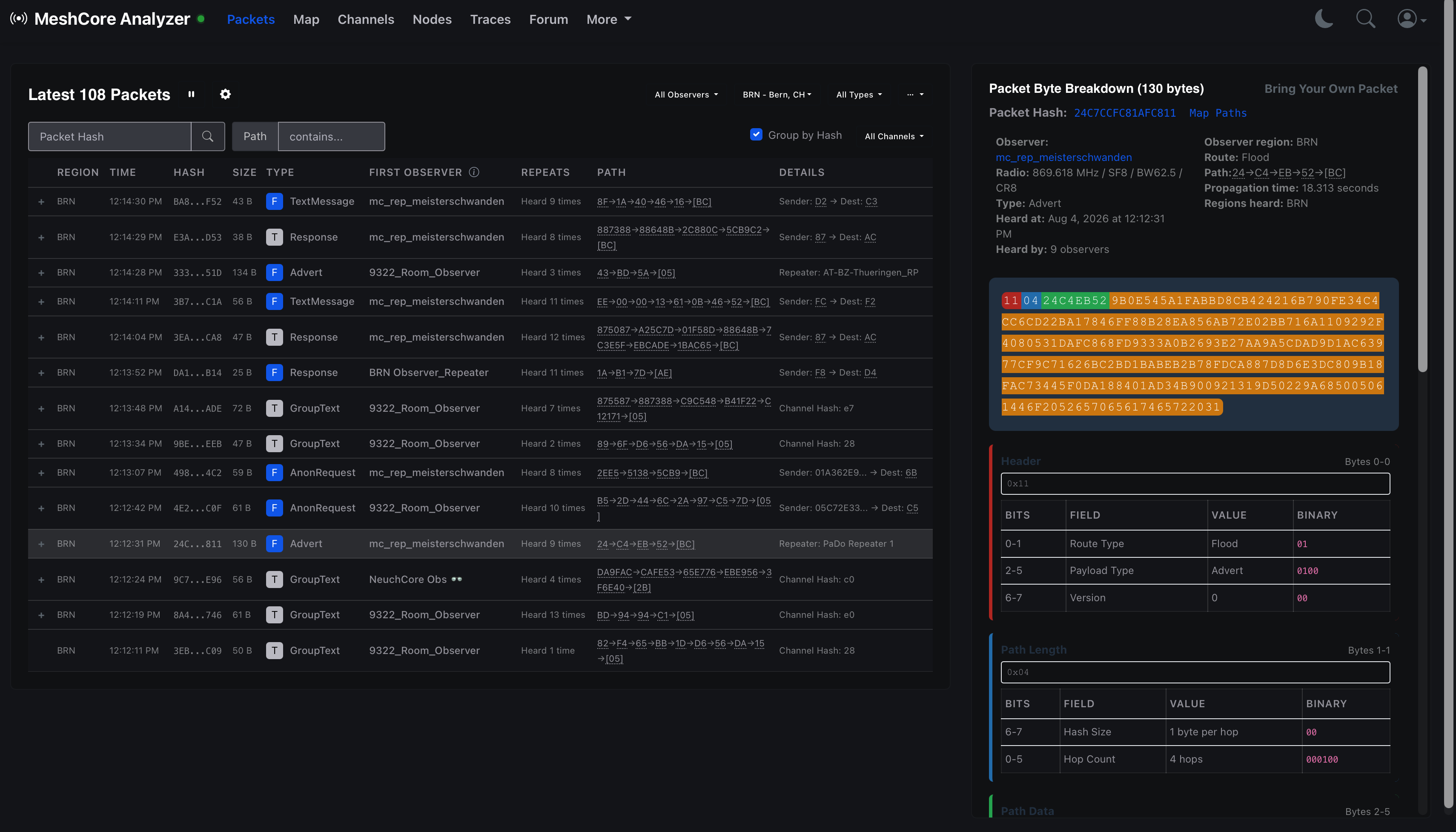 letsmesh packet list and byte-by-byte MeshCore packet analysis