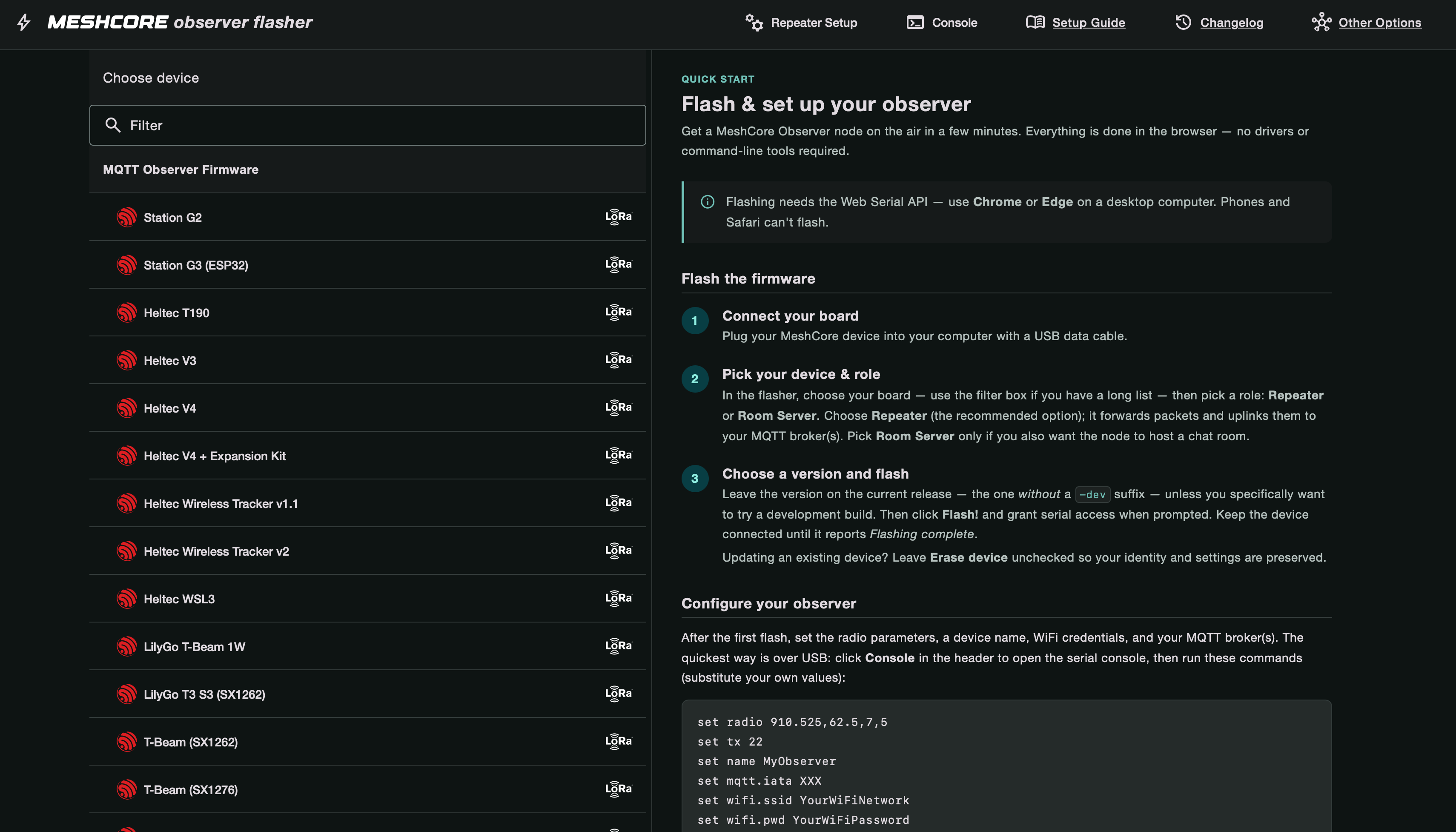 MeshCore observer browser flasher with ESP32 boards and the setup guide