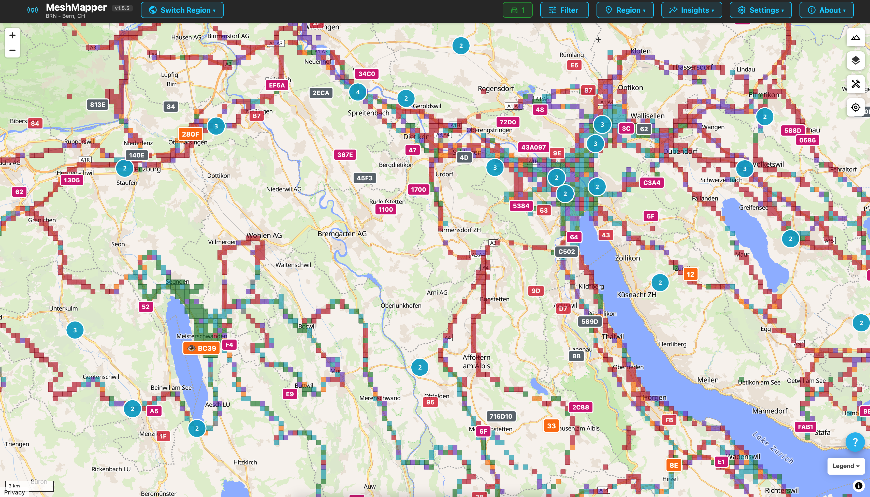 MeshMapper coverage map around Zurich showing coloured survey tracks and repeater markers